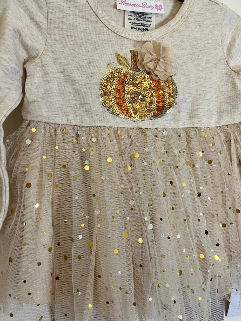 Bonnie Baby Cream and Gold Pumpkin Tulle Dress & Striped Leggings Set 3-6 month